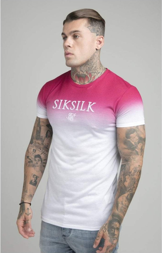 SikSilk S/S High Fade Embroidery Gym Tee - Pink Fluro & White