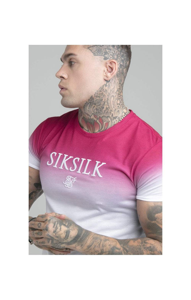SikSilk S/S High Fade Embroidery Gym Tee - Pink Fluro & White
