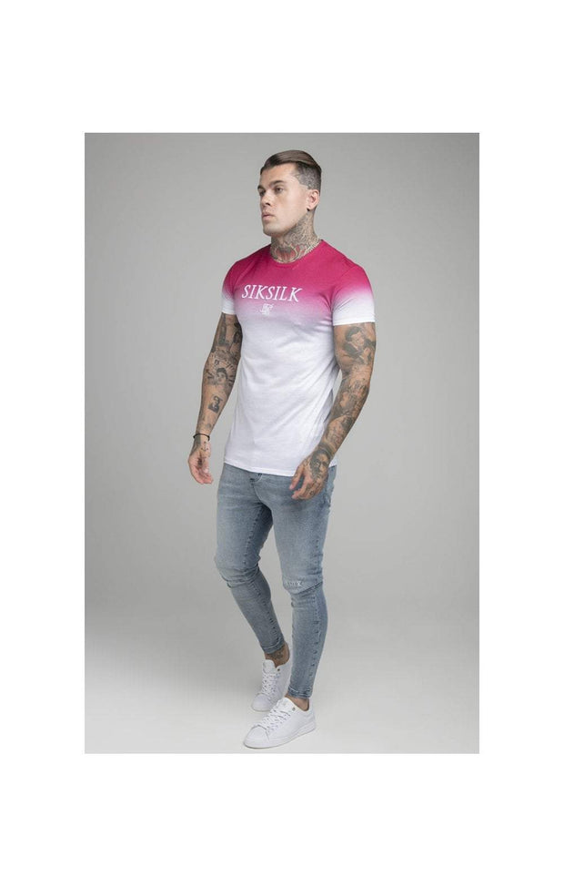 SikSilk S/S High Fade Embroidery Gym Tee - Pink Fluro & White