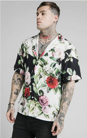 SikSilk Floral Pixel High Collar Resort Shirt - Black & Floral Pixel