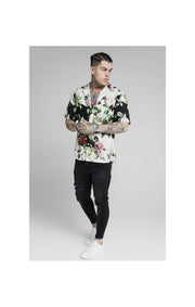 SikSilk Floral Pixel High Collar Resort Shirt - Black & Floral Pixel