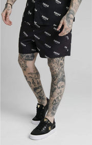 SikSilk Repeat Print Swim Shorts - Black & Ecru