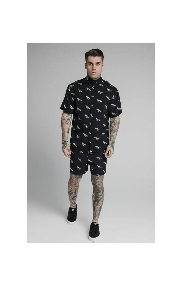 SikSilk Repeat Print Swim Shorts - Black & Ecru