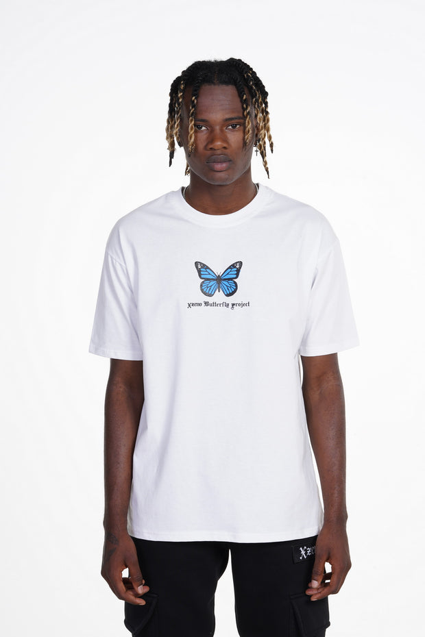 Xzeno Blue Butterfly T-Shirt White